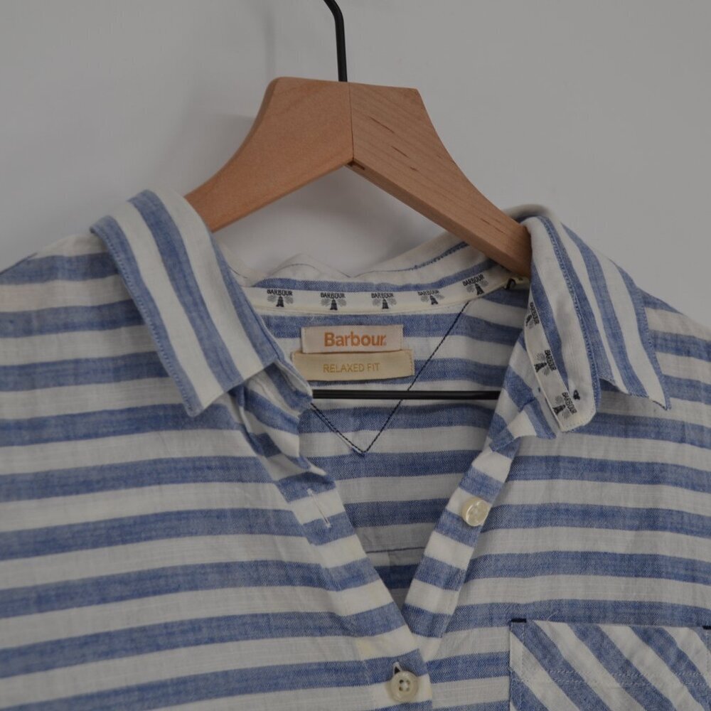Barbour Craster Striped Button Down Shirt Blue White Cotton Relaxed Women's ? - Picture 5 of 9